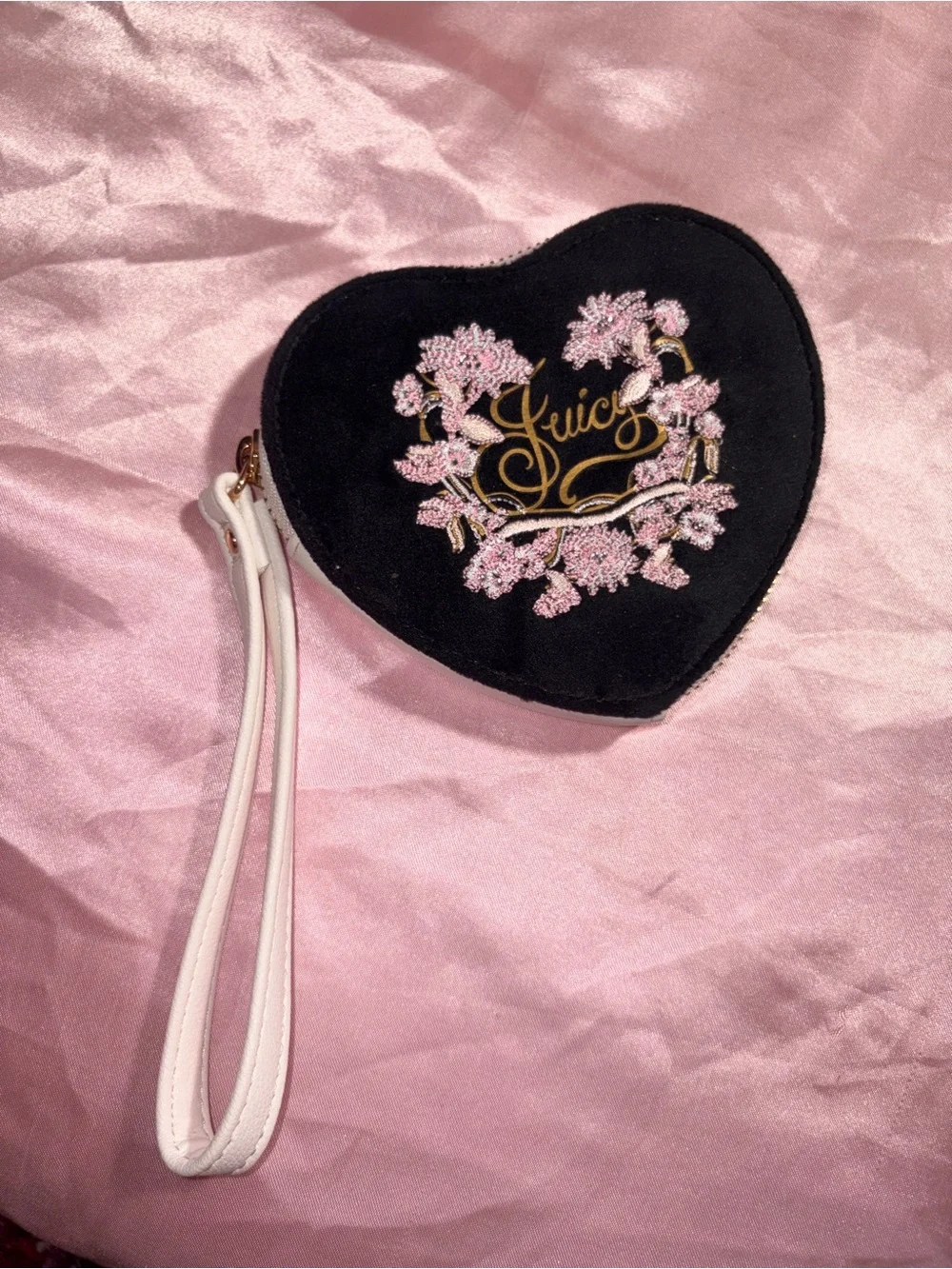 Juicy Couture Black Heart Wristlet with Pink Floral Embroidery and White Strap